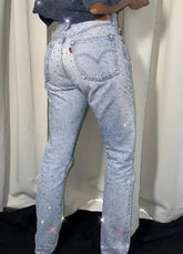 Threebooy Baggy Jeans Women High Waist Slim Y2K Pants Gothic Pocket Sequins Rhinestone Retro Blue Jeans Fashion Straight Denim Trousers